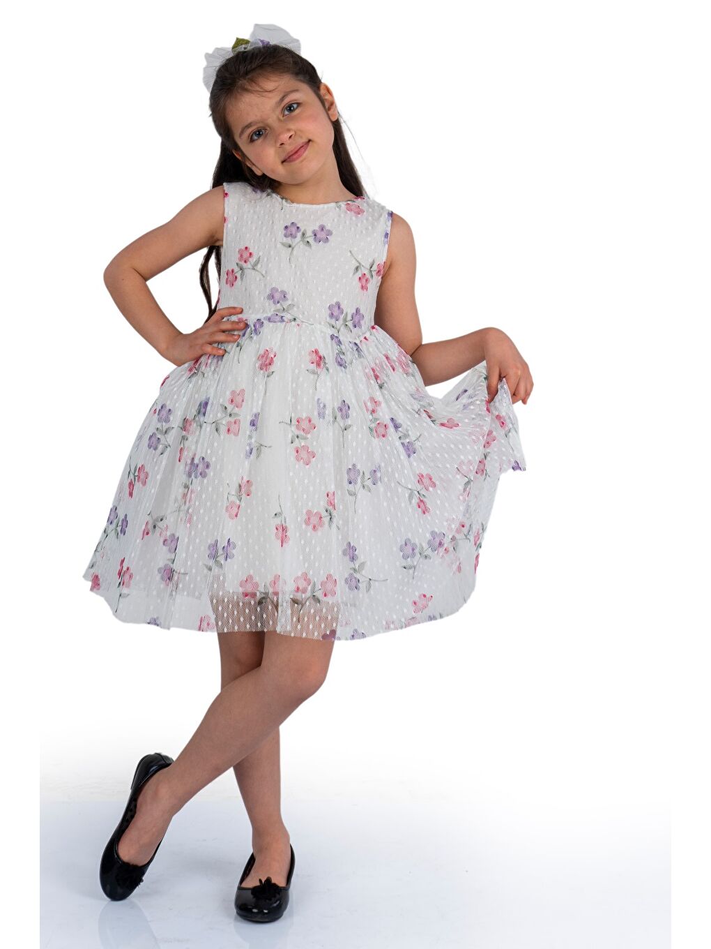 Mor Dantel Papatya Baskılı Kız Çocuk Elbise MNK0514-4