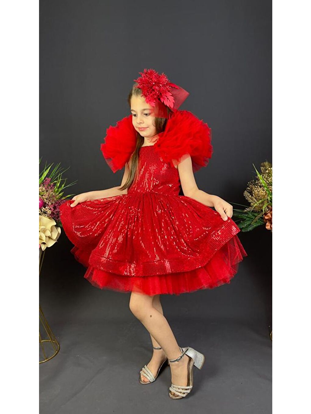 Kırmızı Tavus Kol Payetli Kumaş Kız Çocuk Elbise MNK0537-2