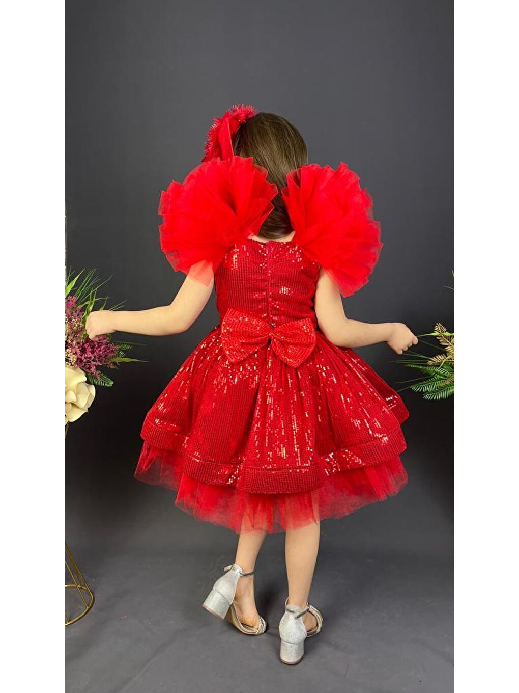 Kırmızı Tavus Kol Payetli Kumaş Kız Çocuk Elbise MNK0537-5