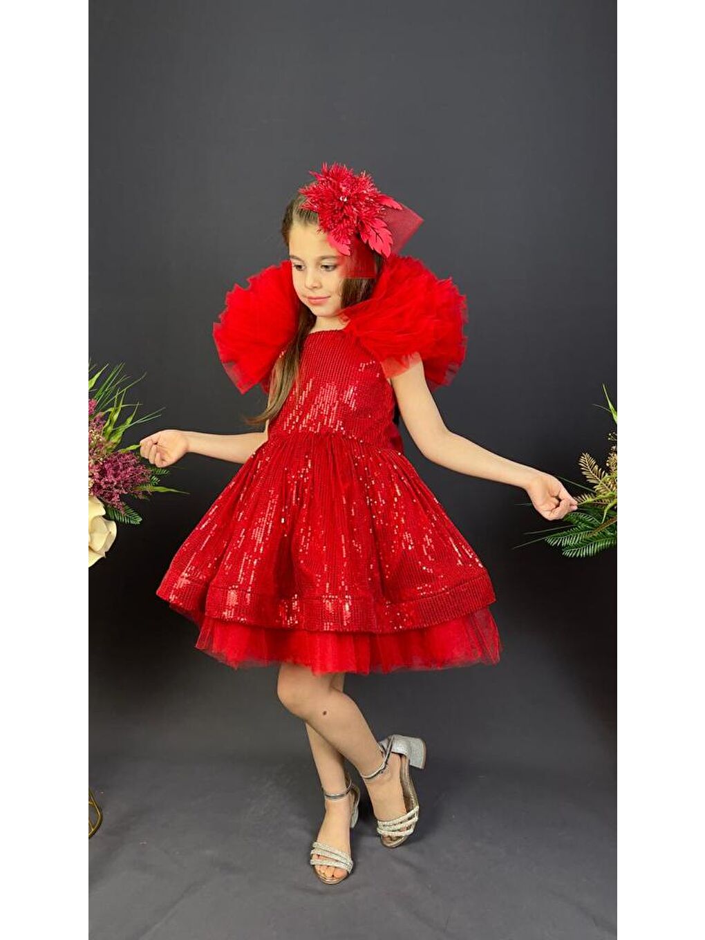 Kırmızı Tavus Kol Payetli Kumaş Kız Çocuk Elbise MNK0537-6