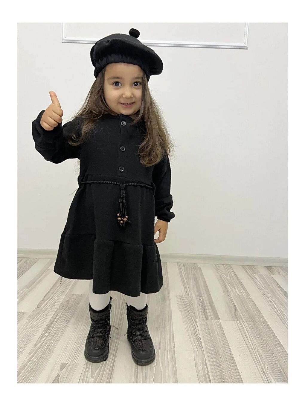 Siyah Kaşe Kumaş Şapkalı Kız Çocuk Elbise MNK0559-5