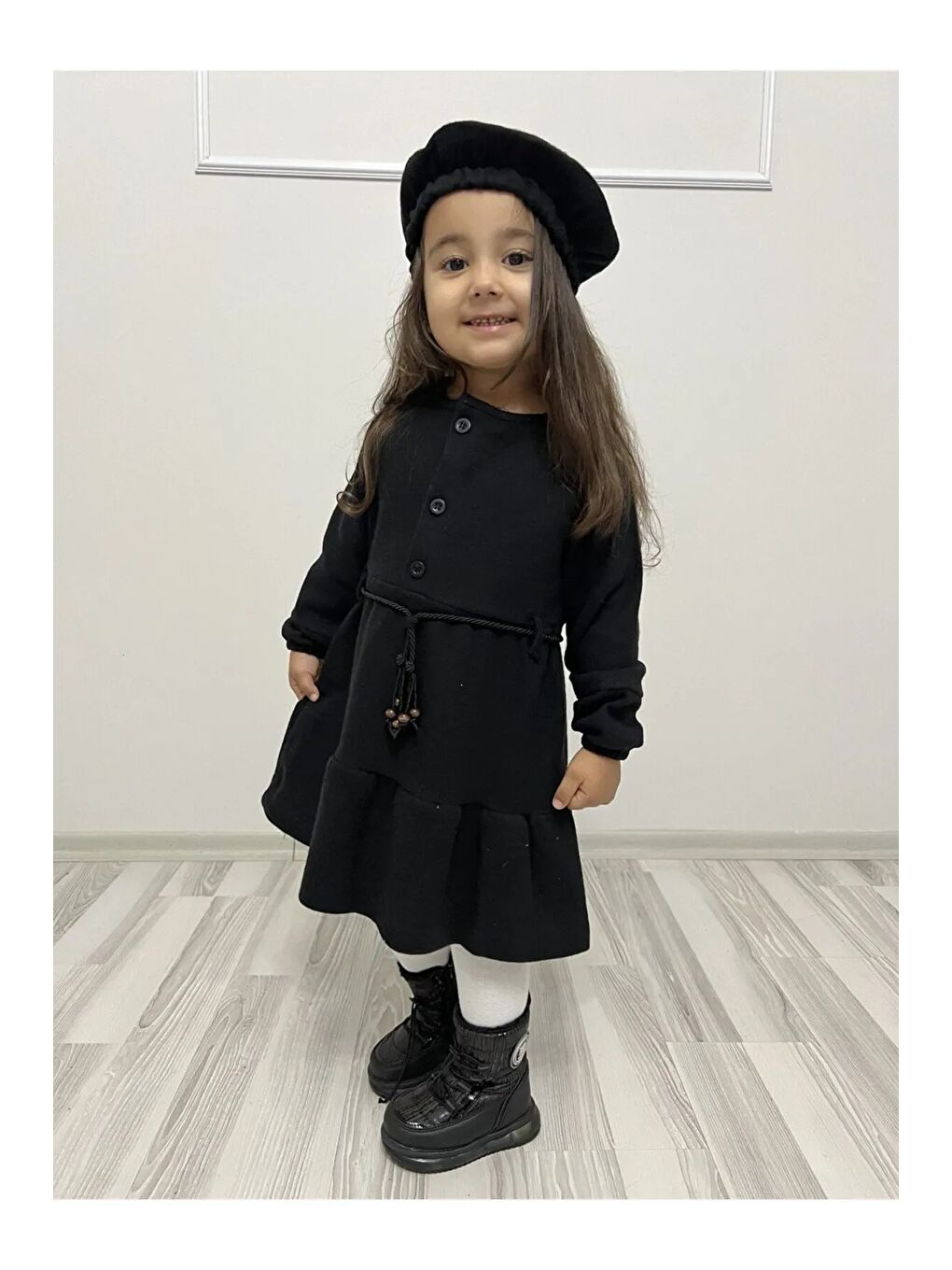 Siyah Kaşe Kumaş Şapkalı Kız Çocuk Elbise MNK0559-6