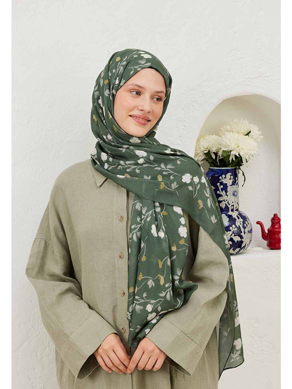 Yeşil Soft Flowers Desen Rami Şal Yaprak-1