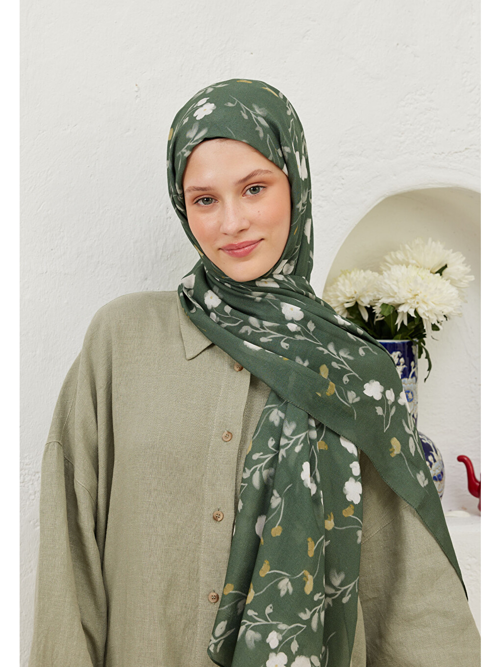 Yeşil Soft Flowers Desen Rami Şal Yaprak-3