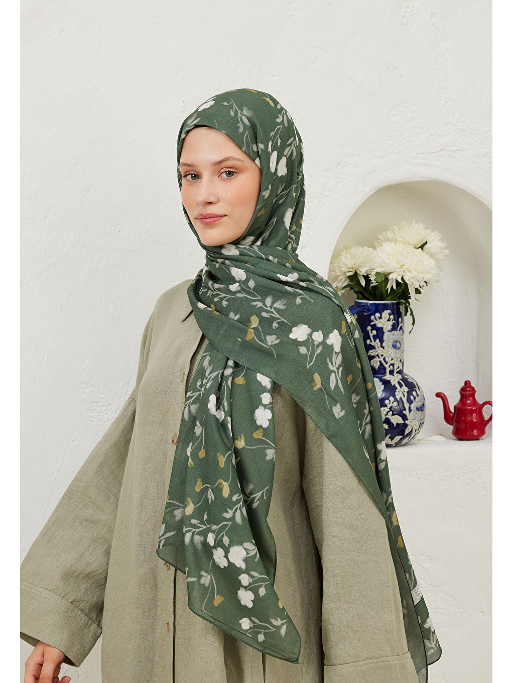 Yeşil Soft Flowers Desen Rami Şal Yaprak-5