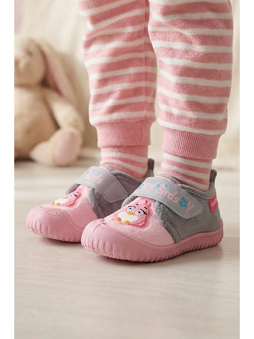 Pembe Kışlık Cırtlı Ayarlanabilir Rahat Taban Happy Birds Bebe Kız Panduf Ayakkabı