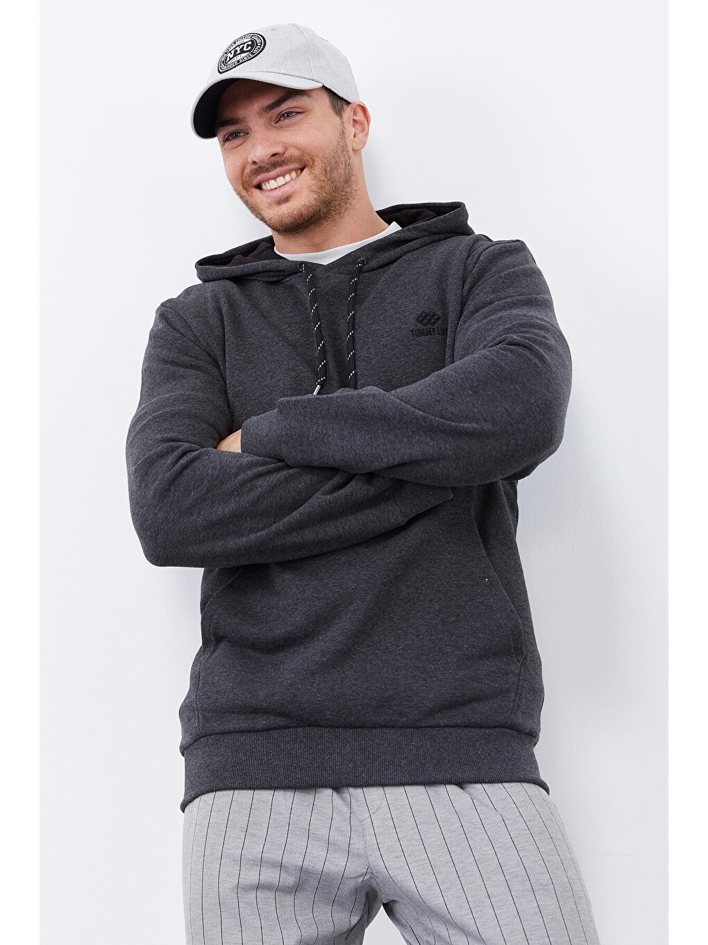 Antrasit Melanj Kanguru Cep Standart Kalıp Kapüşonlu  Erkek Hoodie - 87872-4