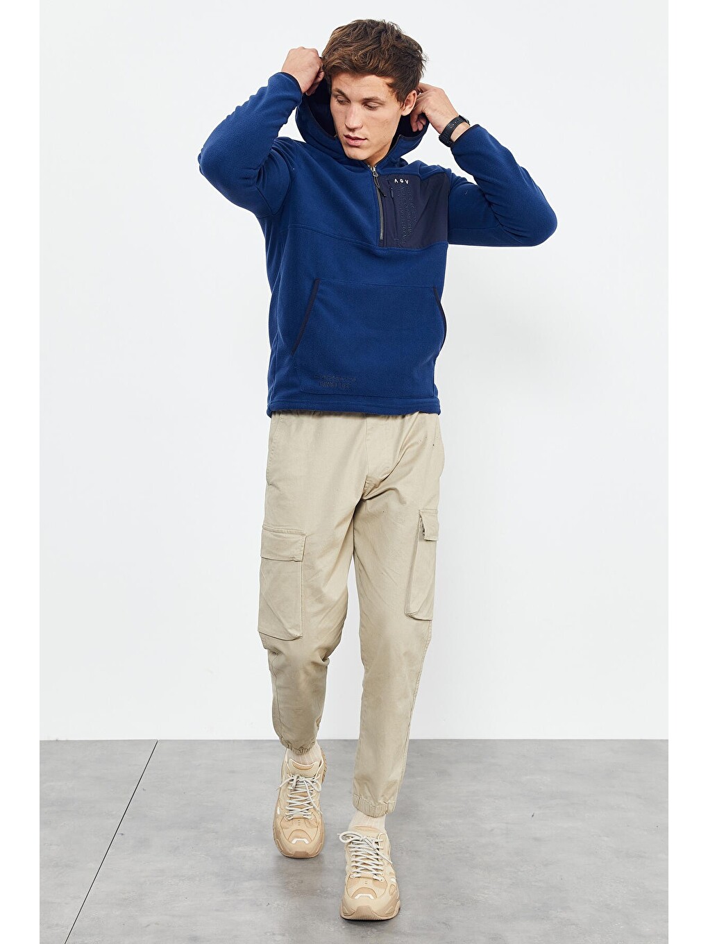 İndigo Nakışlı Yarım Fermuar Kapüşonlu Standart Kalıp Erkek Polar Sweatshirt - 87996-1