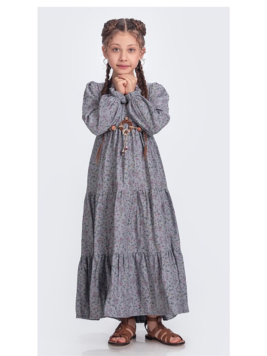 Antrasit Müslin Kumaş Kız Çocuk Uzun Kol Elbise M00705