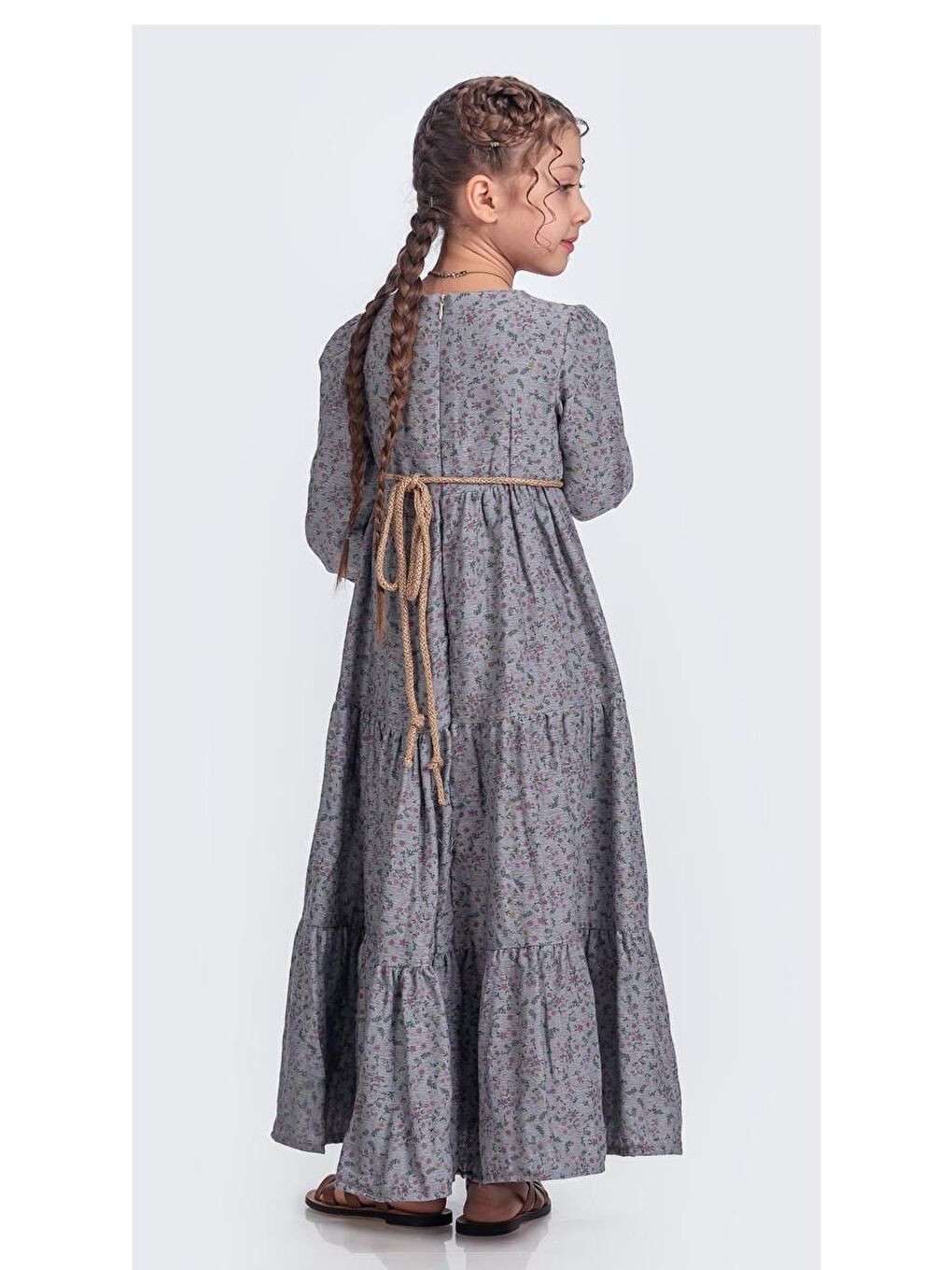 Antrasit Müslin Kumaş Kız Çocuk Uzun Kol Elbise M00705-6