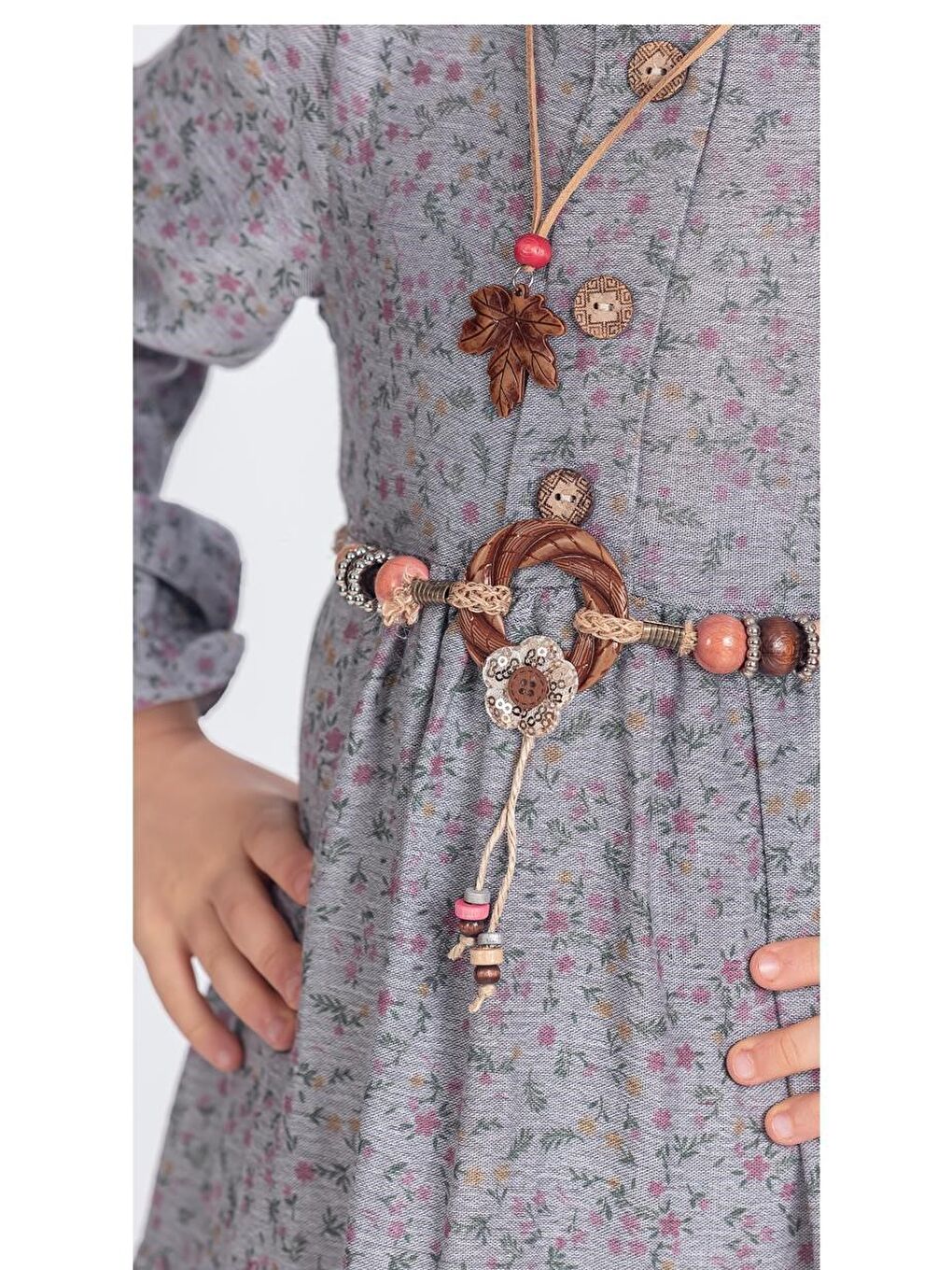 Antrasit Müslin Kumaş Kız Çocuk Uzun Kol Elbise M00705-7