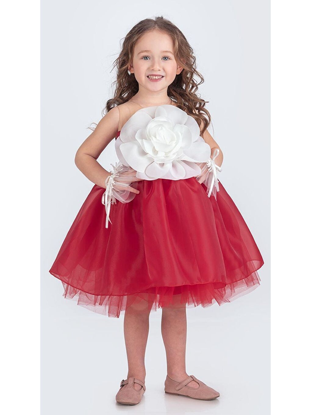 Kırmızı Karolin Robası Çiçekli Bilekli Aksesuarlı Kız Çocuk Abiye Elbise M00724-5