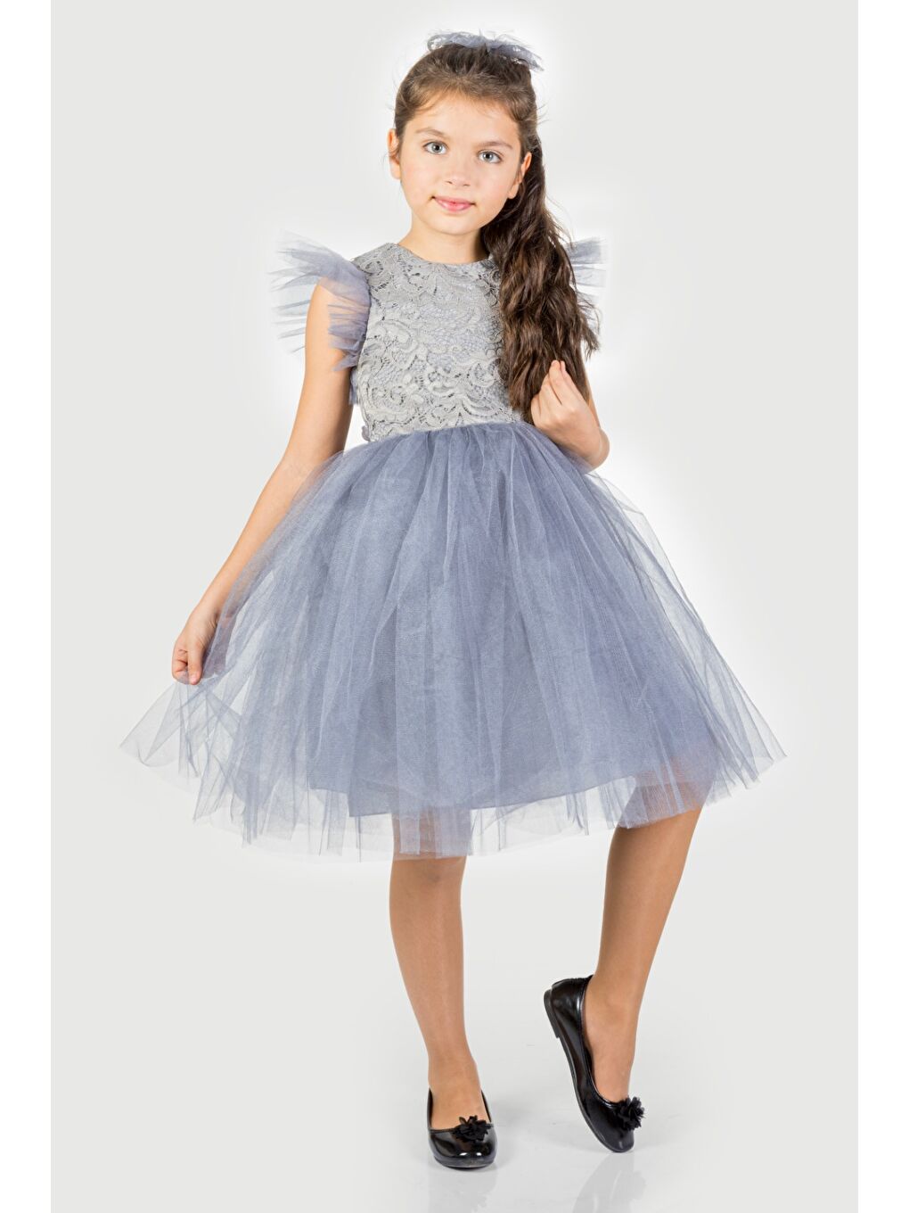 Gri Roza Dantel Tütü Kız Çocuk Abiye Elbise MNK0546-3