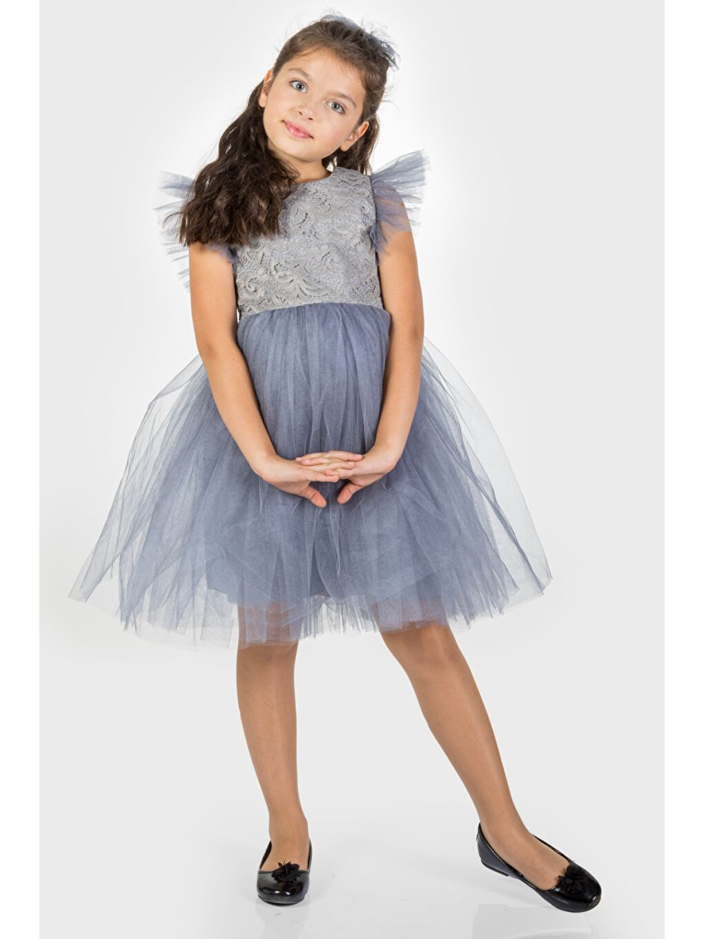 Gri Roza Dantel Tütü Kız Çocuk Abiye Elbise MNK0546-5