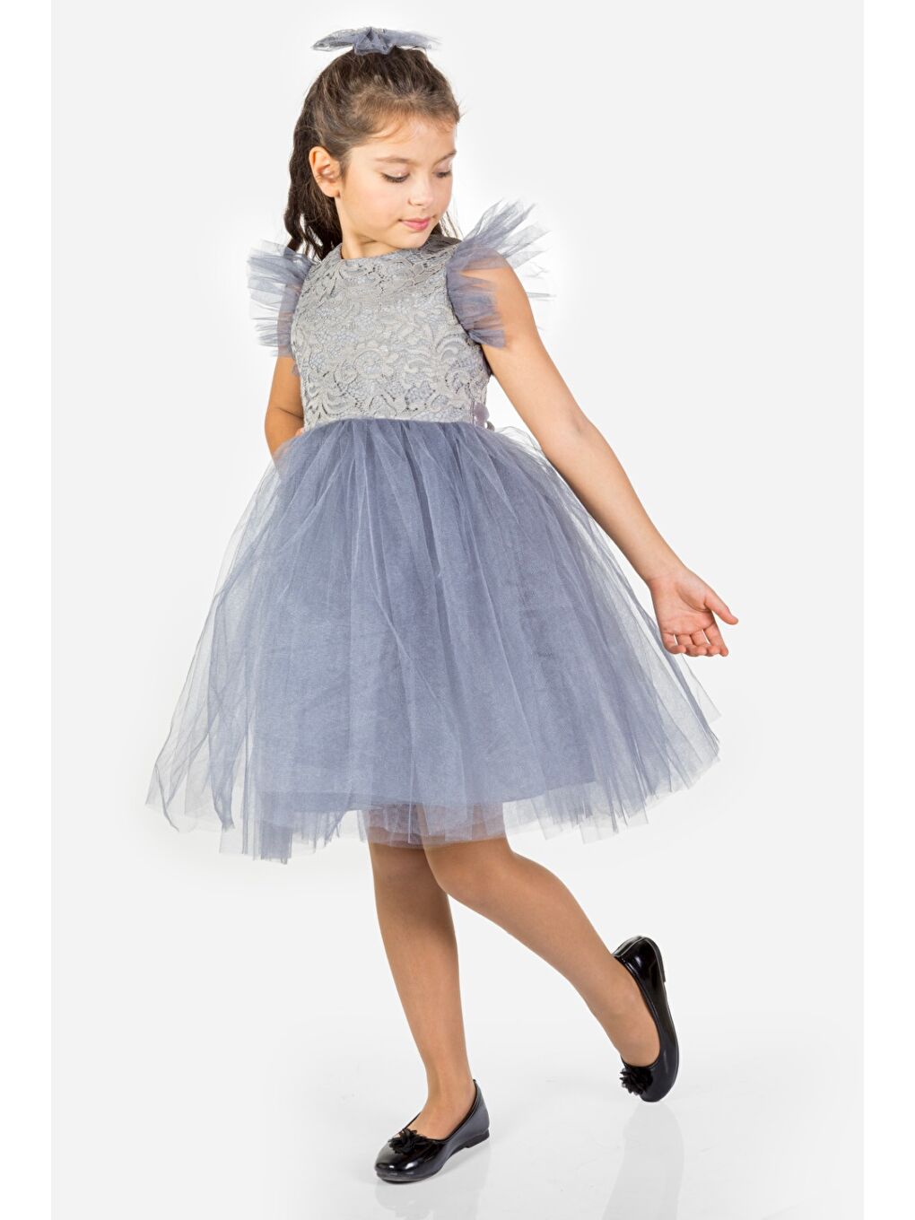 Gri Roza Dantel Tütü Kız Çocuk Abiye Elbise MNK0546-6