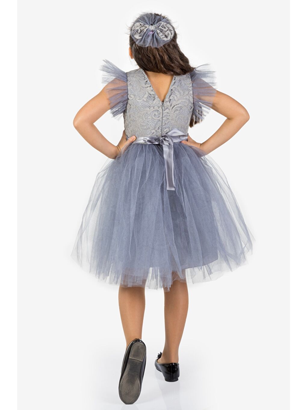 Gri Roza Dantel Tütü Kız Çocuk Abiye Elbise MNK0546-7