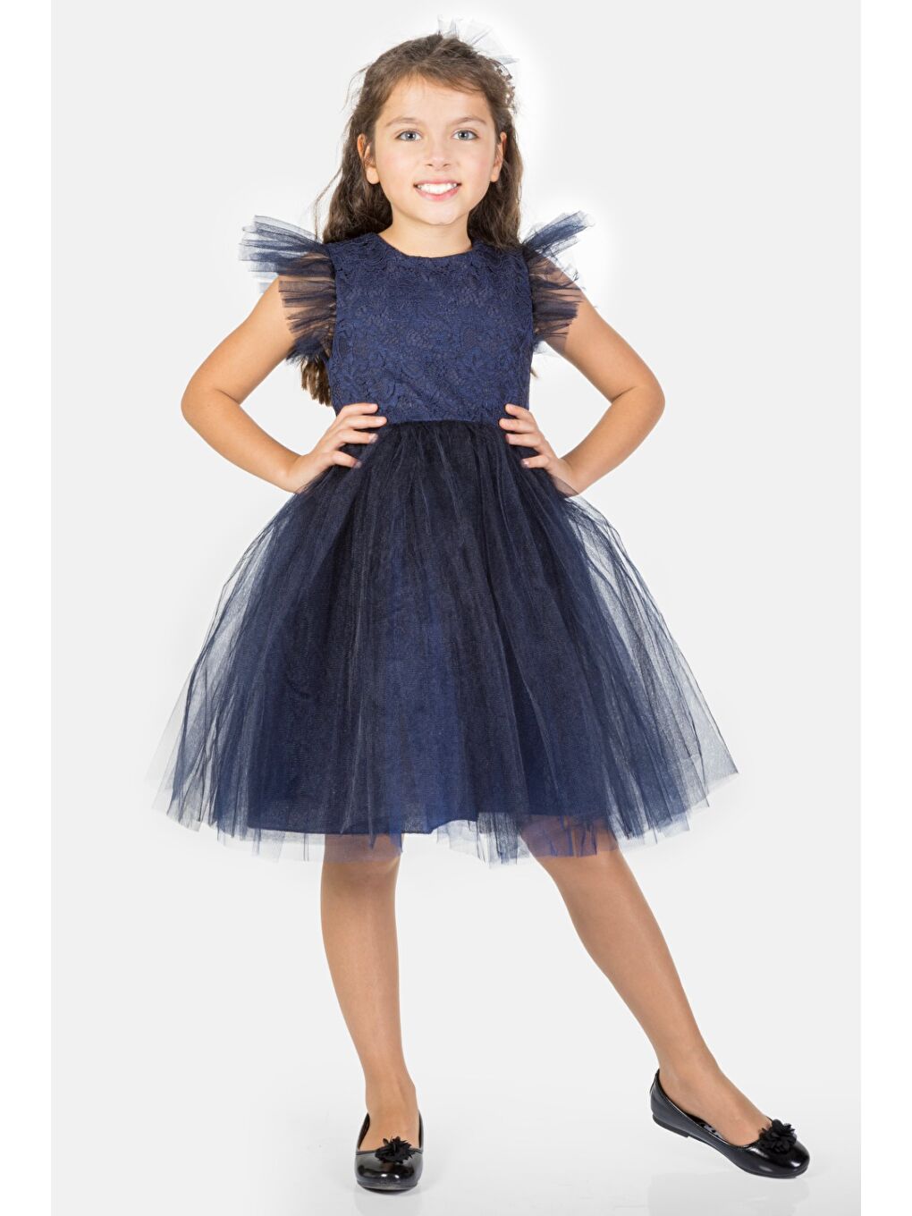 Lacivert Roza Dantel Tütü Kız Çocuk Abiye Elbise MNK0546-3