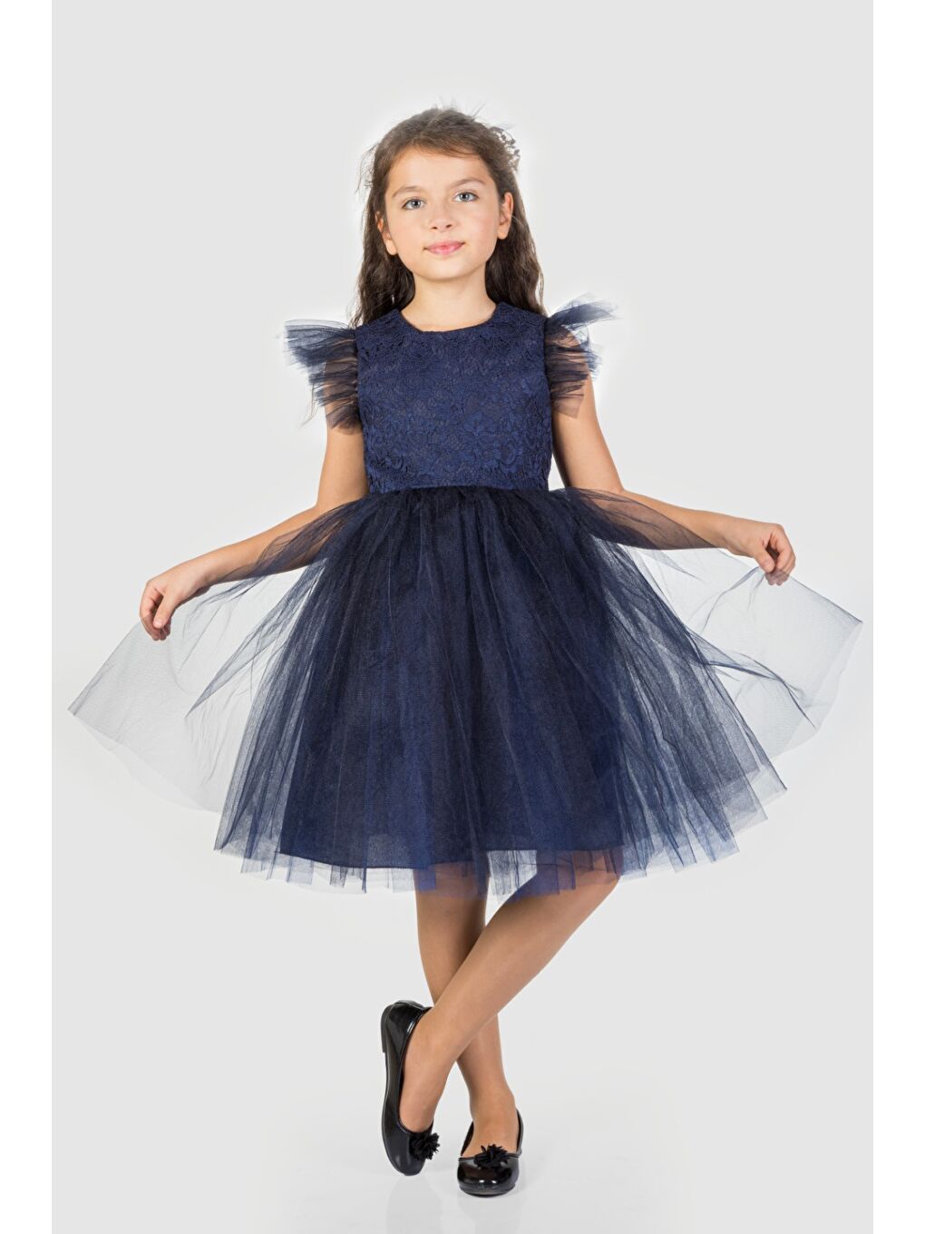 Lacivert Roza Dantel Tütü Kız Çocuk Abiye Elbise MNK0546-5