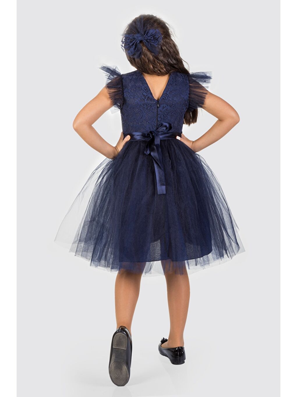 Lacivert Roza Dantel Tütü Kız Çocuk Abiye Elbise MNK0546-6