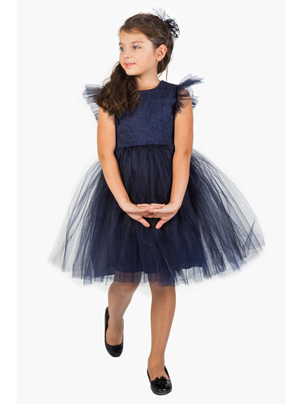 Lacivert Roza Dantel Tütü Kız Çocuk Abiye Elbise MNK0546-7