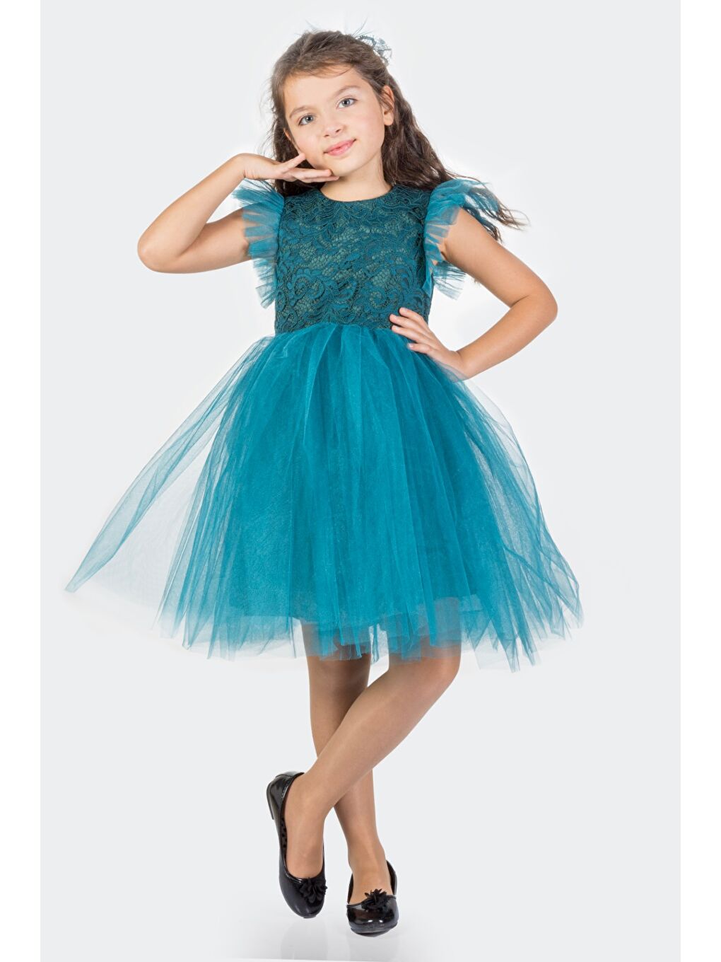 Mavi Roza Dantel Tütü Kız Çocuk Abiye Elbise MNK0546-2