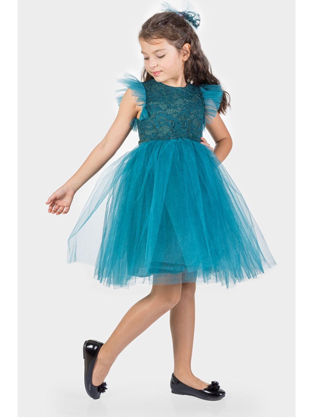 Mavi Roza Dantel Tütü Kız Çocuk Abiye Elbise MNK0546-6