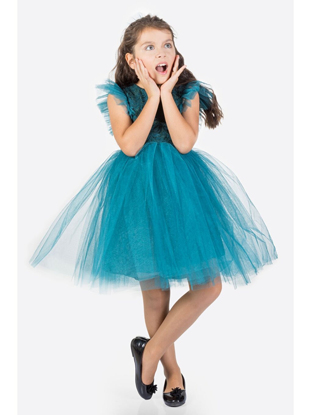 Mavi Roza Dantel Tütü Kız Çocuk Abiye Elbise MNK0546-7