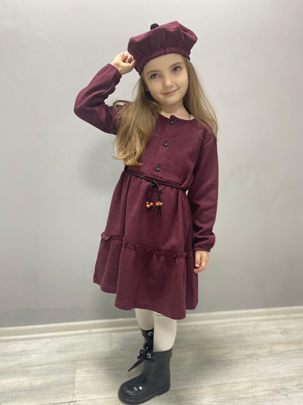 Bordo Kaşe Kumaş Şapkalı Kız Çocuk Elbise MNK0559-1