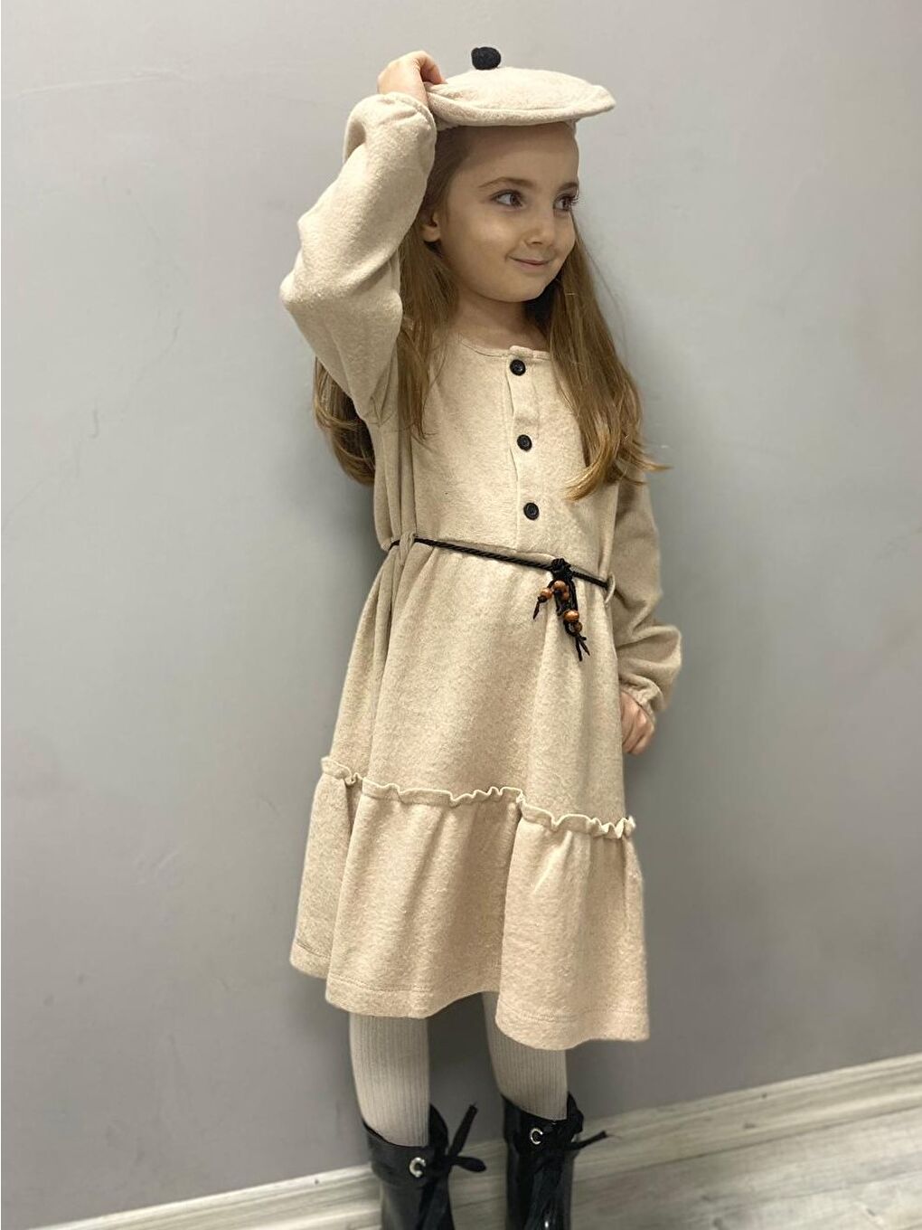 Bej Kaşe Kumaş Şapkalı Kız Çocuk Elbise MNK0559-5