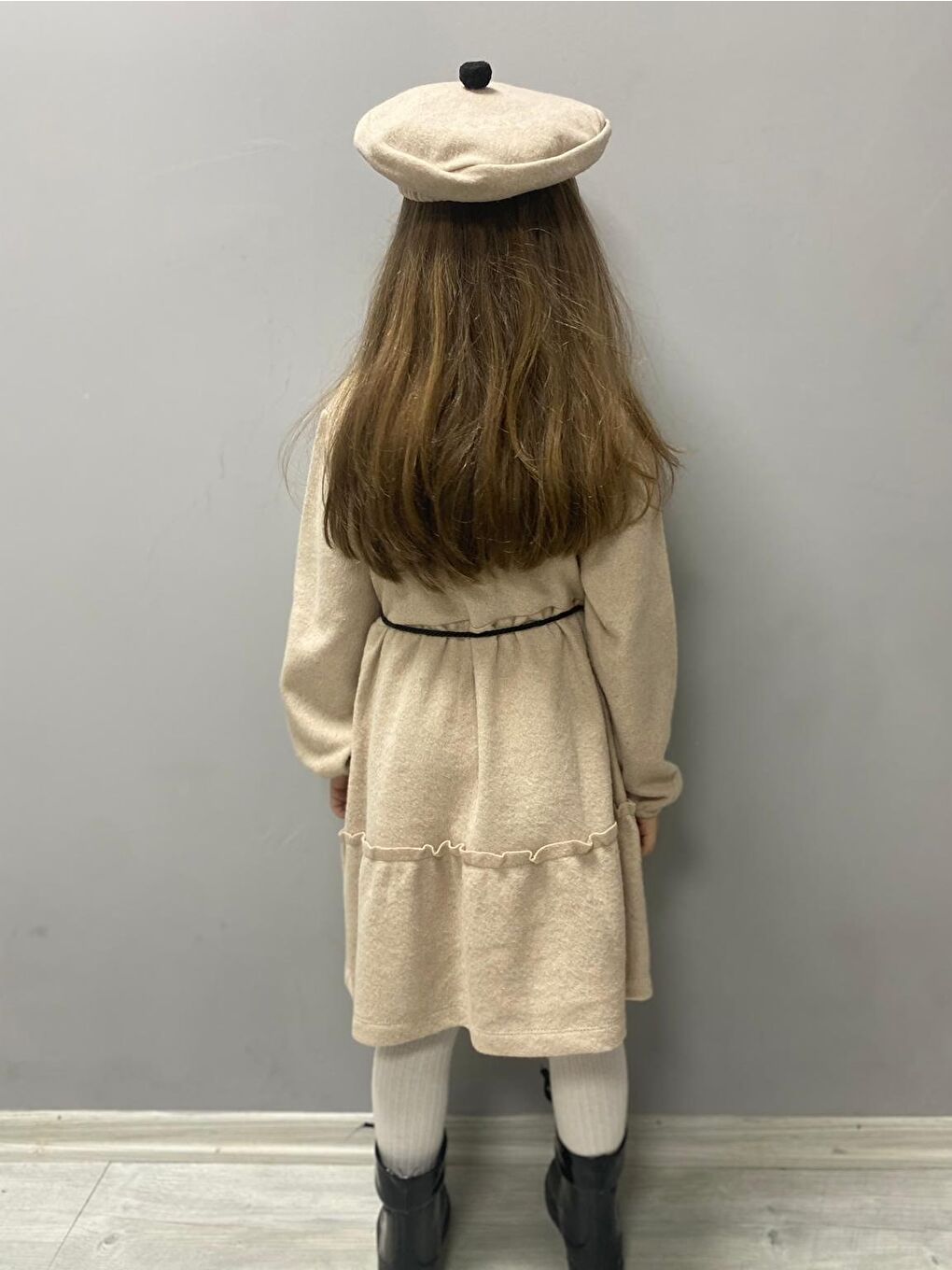 Bej Kaşe Kumaş Şapkalı Kız Çocuk Elbise MNK0559-6