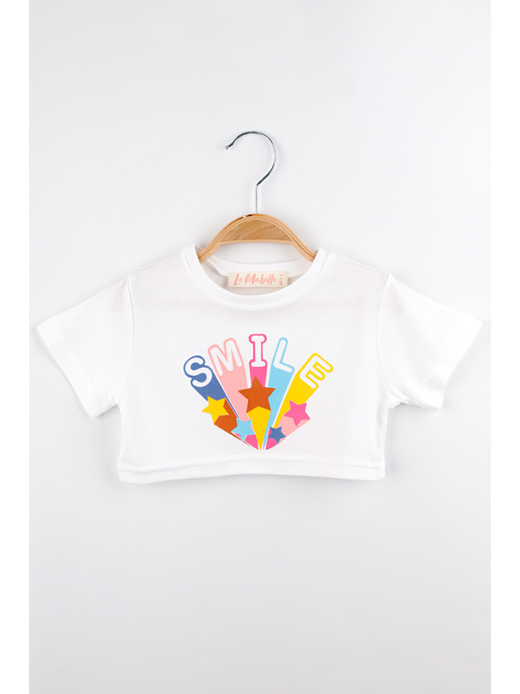 Beyaz Smile Yıldız Baskılı Kız Çocuk Crop Tişört - Becky