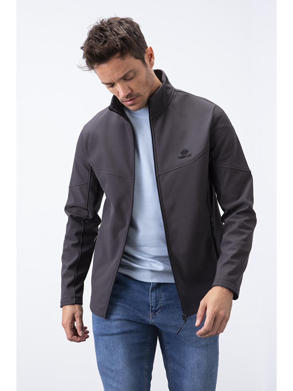 Antrasit Fermuarlı Dik Yaka Su ve Rüzgar Geçirmez Softshell Erkek Ceket - 88050-2