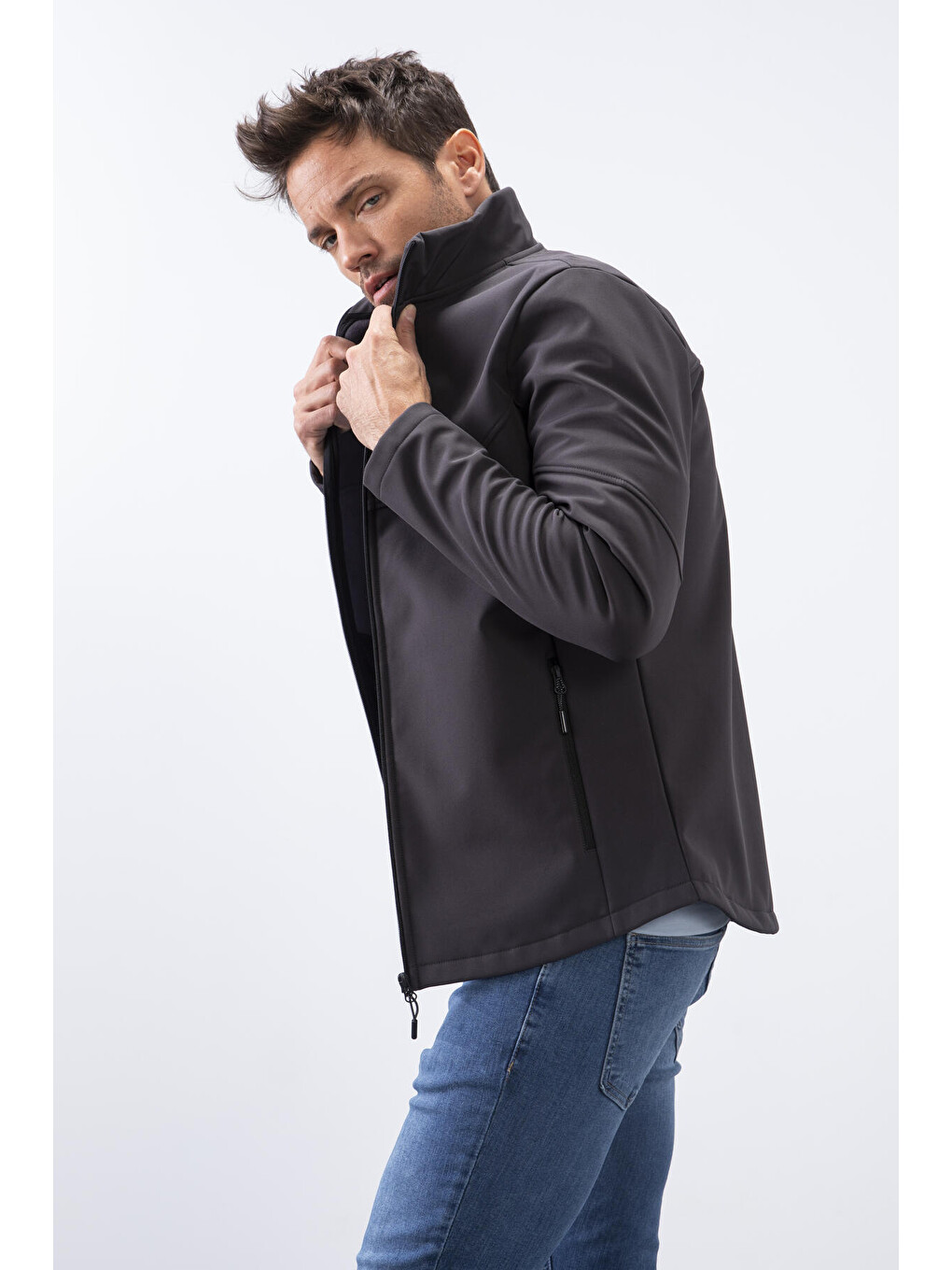 Antrasit Fermuarlı Dik Yaka Su ve Rüzgar Geçirmez Softshell Erkek Ceket - 88050-4