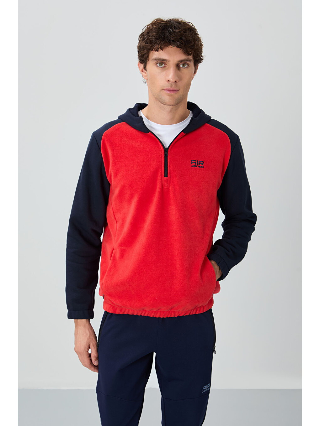 Kırmızı Fiesta Yarım Fermuarlı Kapüşonlu Renk Bloklu Standart Kalıp Polar Erkek Hoodie - 88300