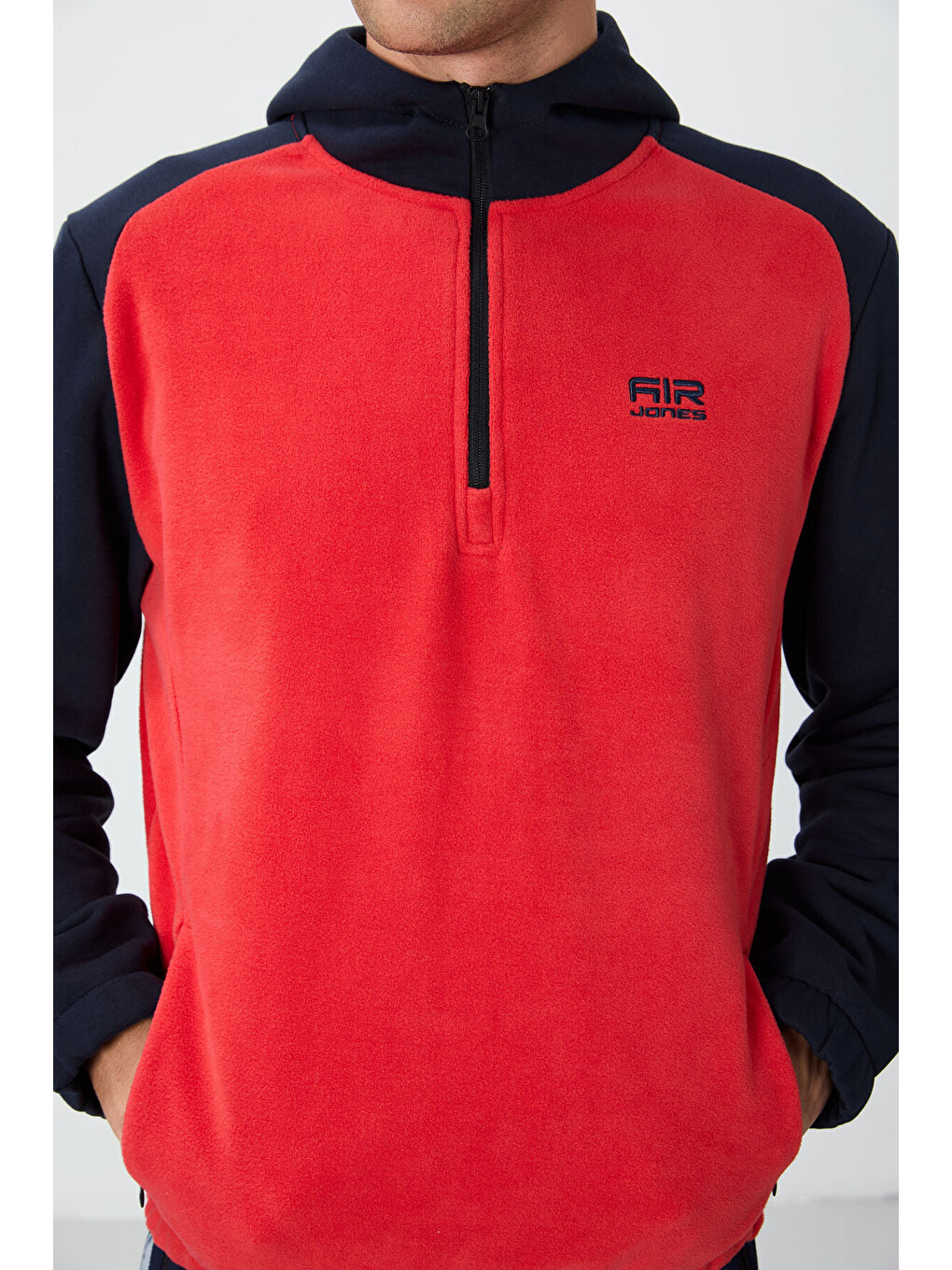 Kırmızı Fiesta Yarım Fermuarlı Kapüşonlu Renk Bloklu Standart Kalıp Polar Erkek Hoodie - 88300-1