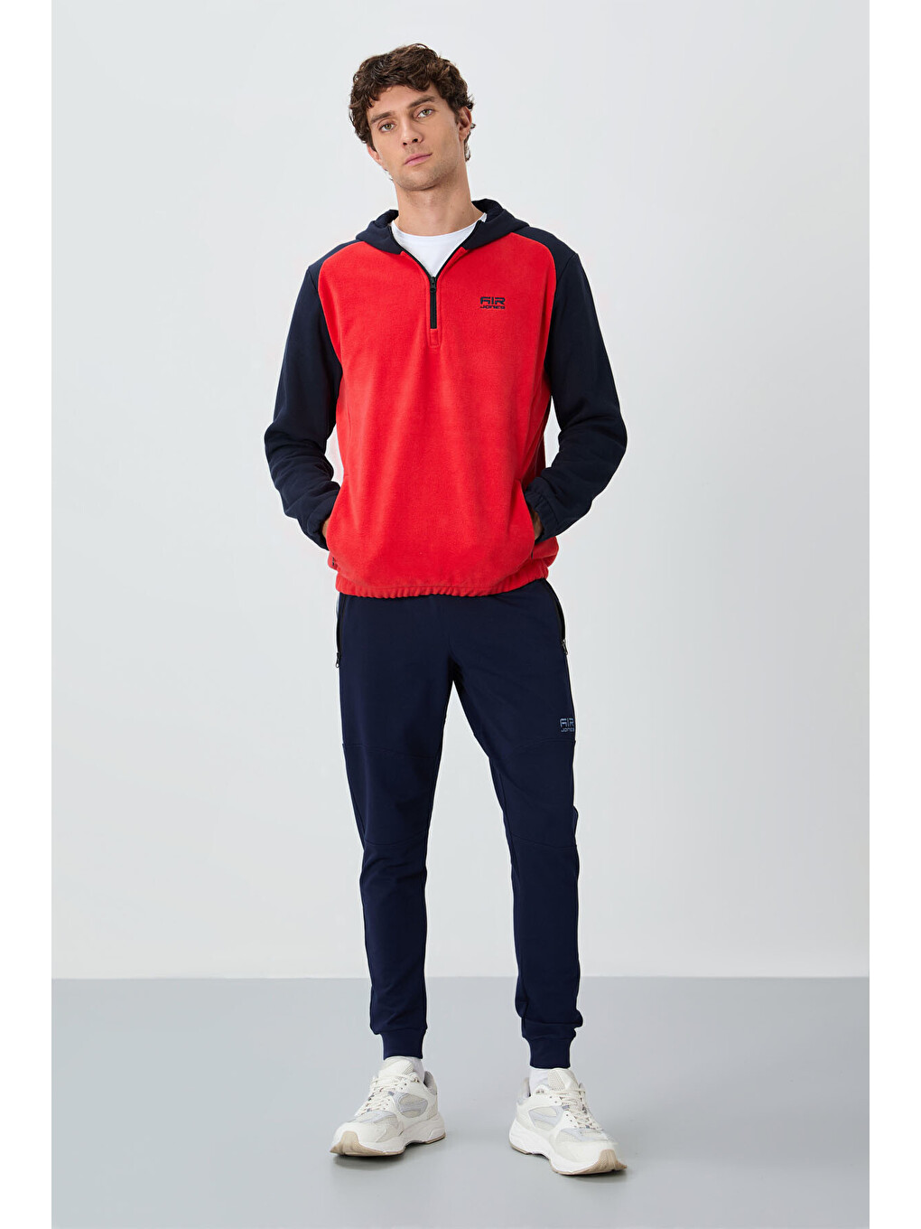 Kırmızı Fiesta Yarım Fermuarlı Kapüşonlu Renk Bloklu Standart Kalıp Polar Erkek Hoodie - 88300-2