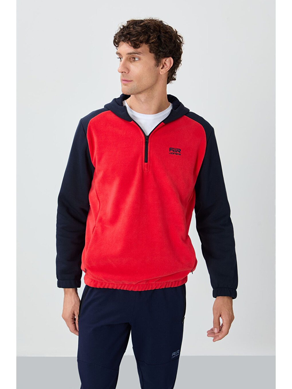 Kırmızı Fiesta Yarım Fermuarlı Kapüşonlu Renk Bloklu Standart Kalıp Polar Erkek Hoodie - 88300-3
