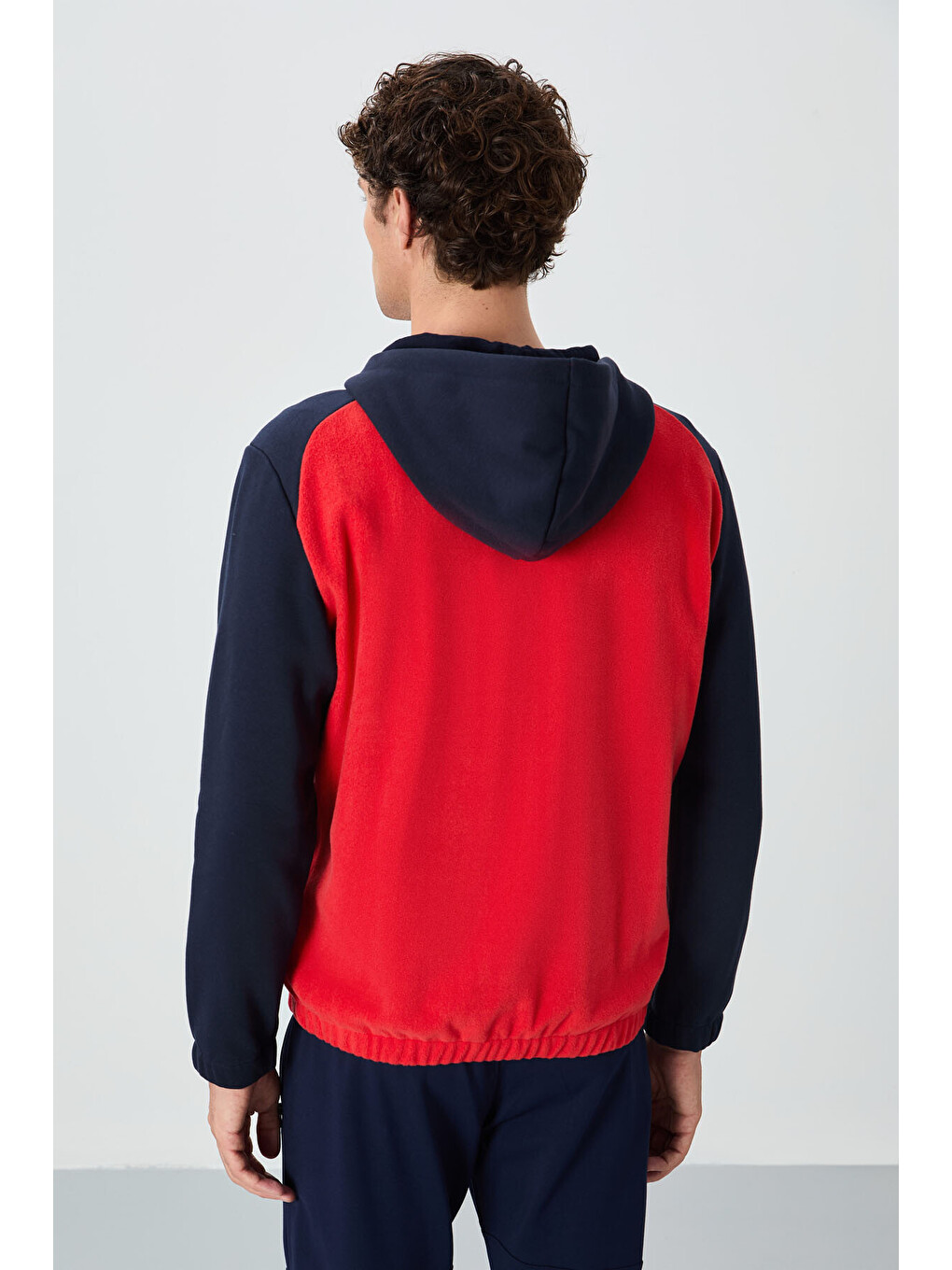 Kırmızı Fiesta Yarım Fermuarlı Kapüşonlu Renk Bloklu Standart Kalıp Polar Erkek Hoodie - 88300-4