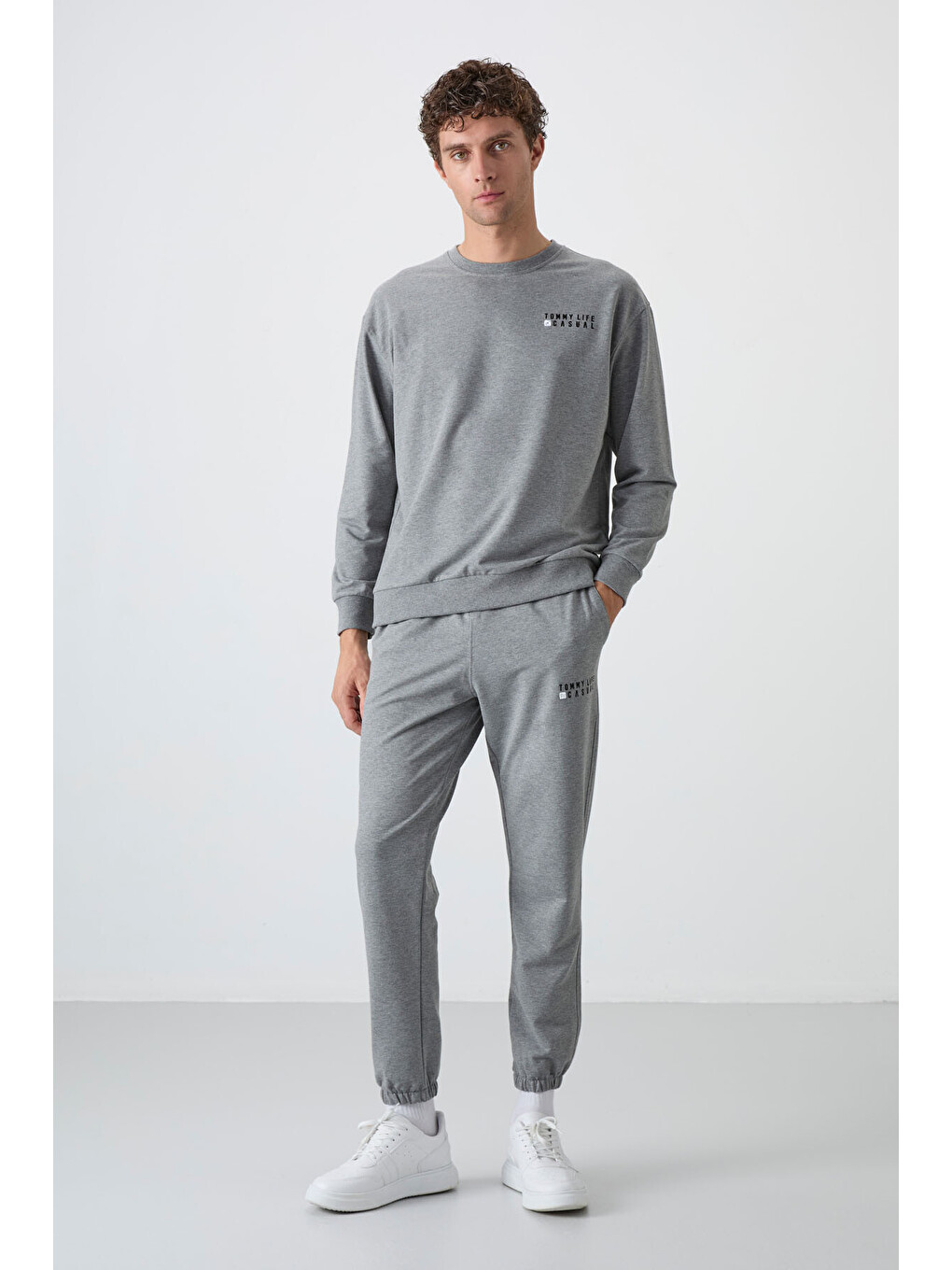 Gri Melanj Casual O Yaka Lastik Paça Erkek Oversize Eşofman Takımı - 85120