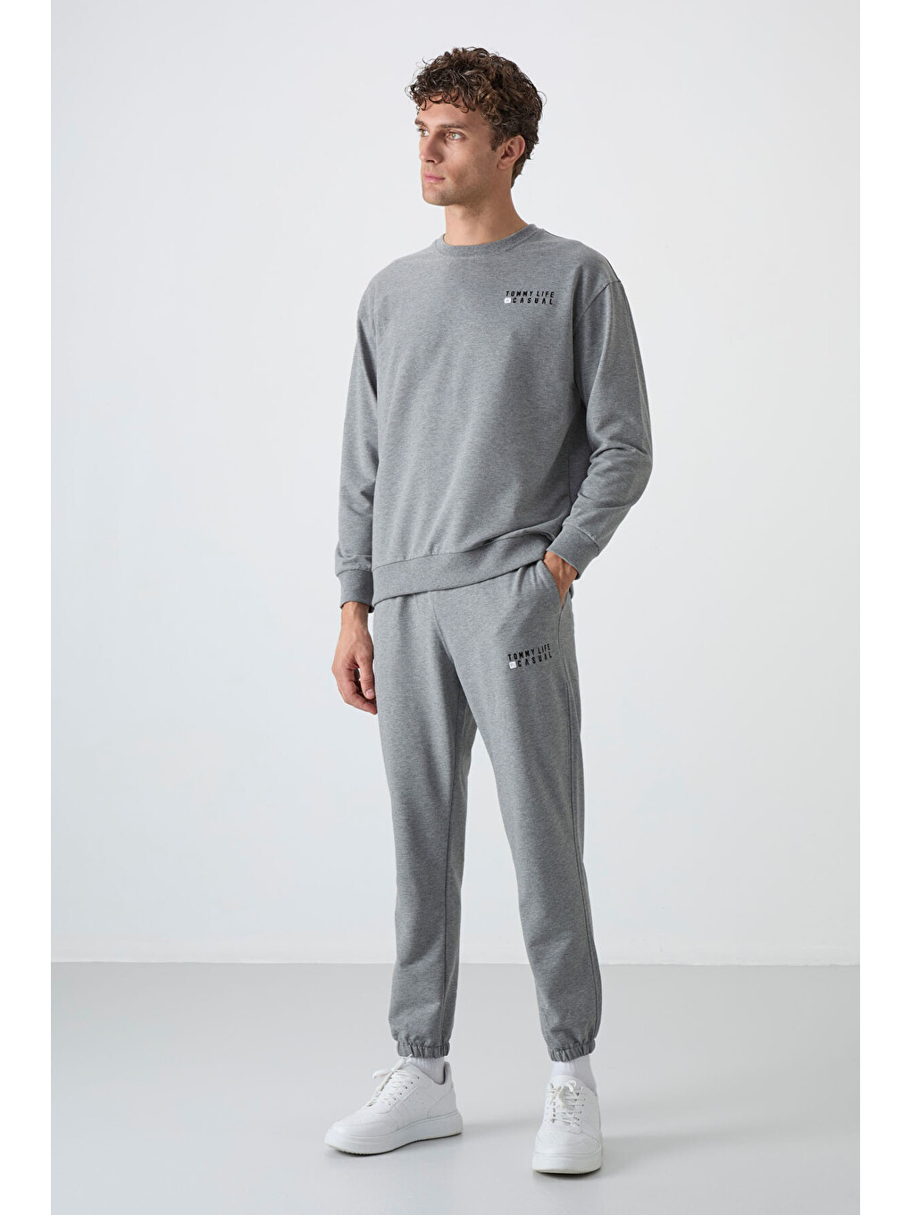 Gri Melanj Casual O Yaka Lastik Paça Erkek Oversize Eşofman Takımı - 85120-2