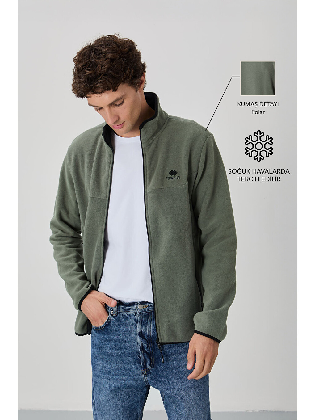 Haki Çağla Yazı Nakışlı Dik Yaka  Standart Kalıp Erkek Fermuarlı Sweatshirt Hırka Polar - 87992-1
