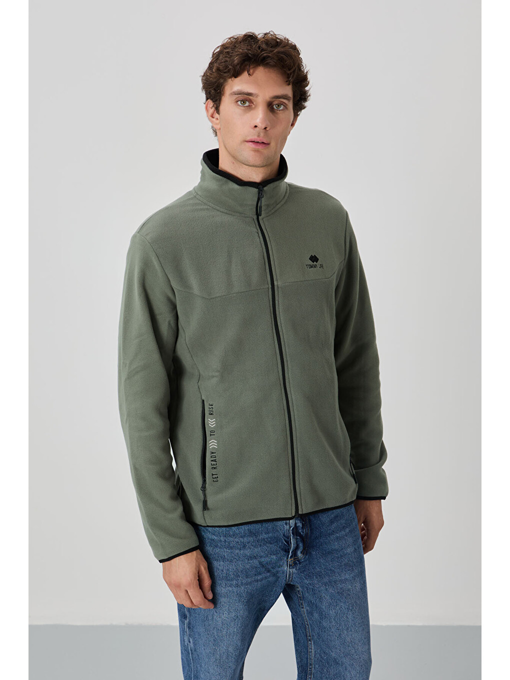 Haki Çağla Yazı Nakışlı Dik Yaka  Standart Kalıp Erkek Fermuarlı Sweatshirt Hırka Polar - 87992-4