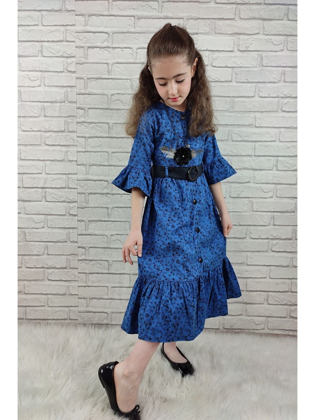 Mavi Vintage Basma Kız Çocuk Elbise MNK0299-8