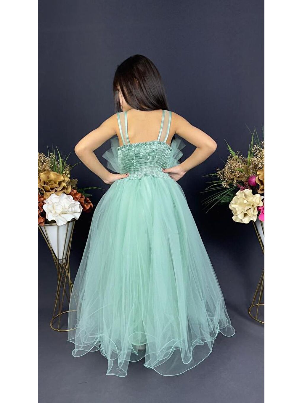 Yeşil Kız Çocuk Robası Katlı Özel Abiye Elbise MNK0475-8