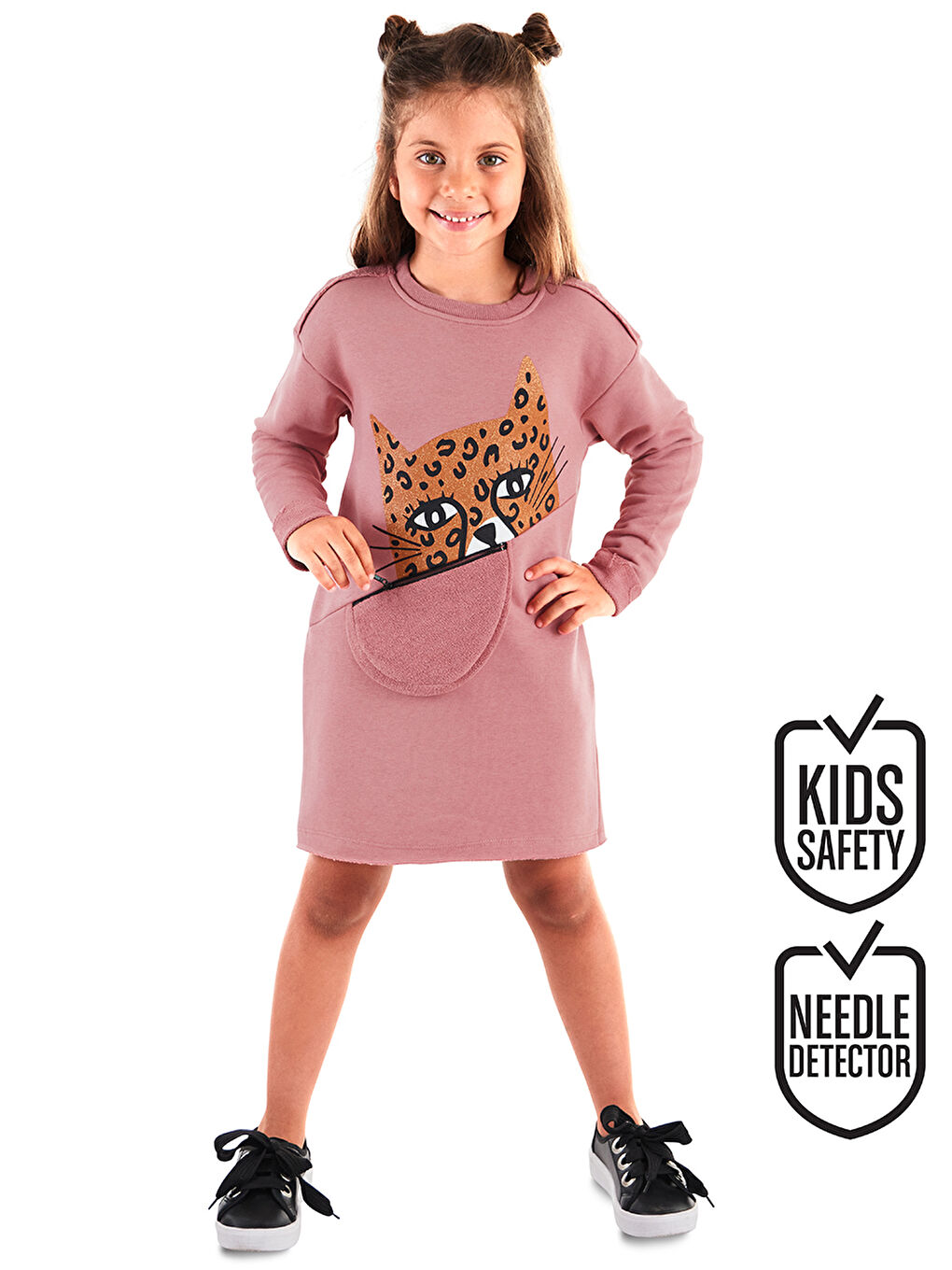Pembe Leopar Cepli Kız Çocuk Elbise-1