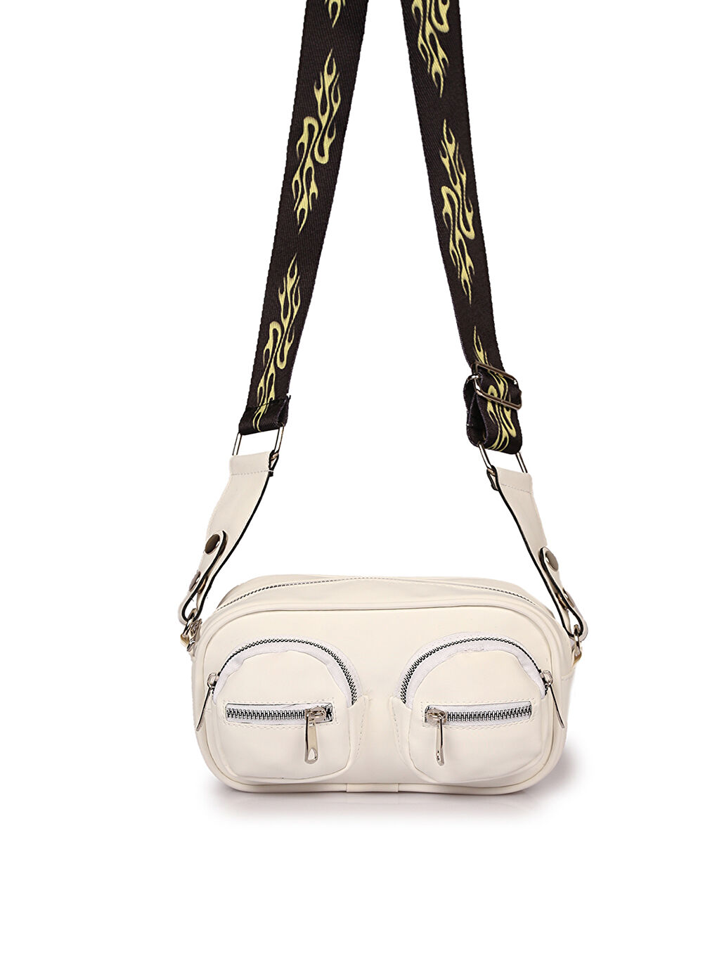 Beyaz Deri Görünümlü Çift Cepli Kadın Omuz Çantası