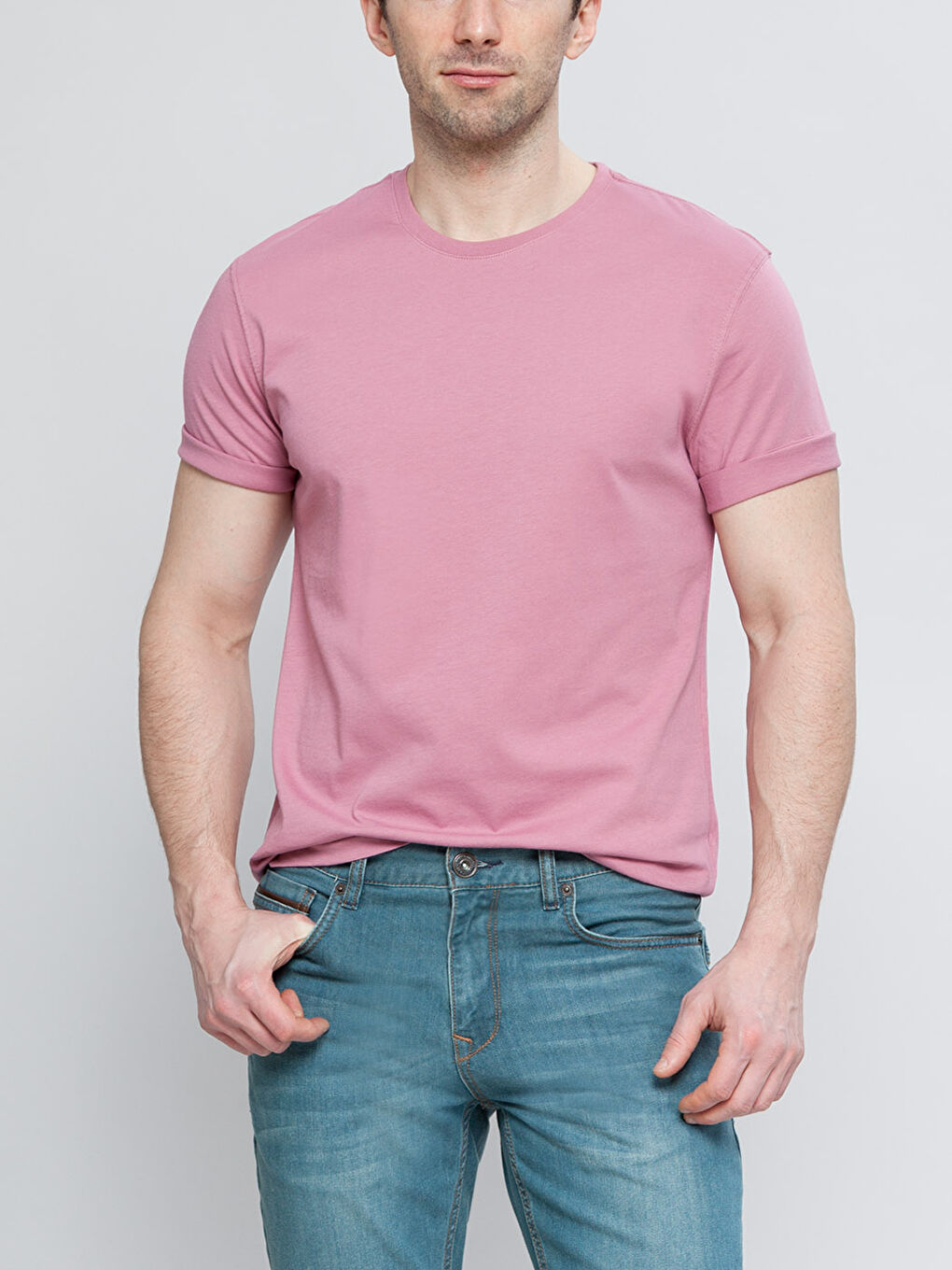 Pembe Bisiklet Yaka Basic Kısa Kollu Pamuklu Tişört