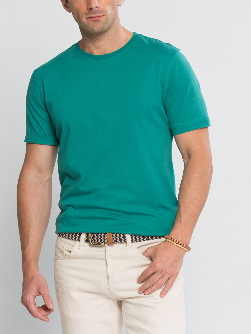 تيشيرت قطن كم قصير ياقة دائرية سادة