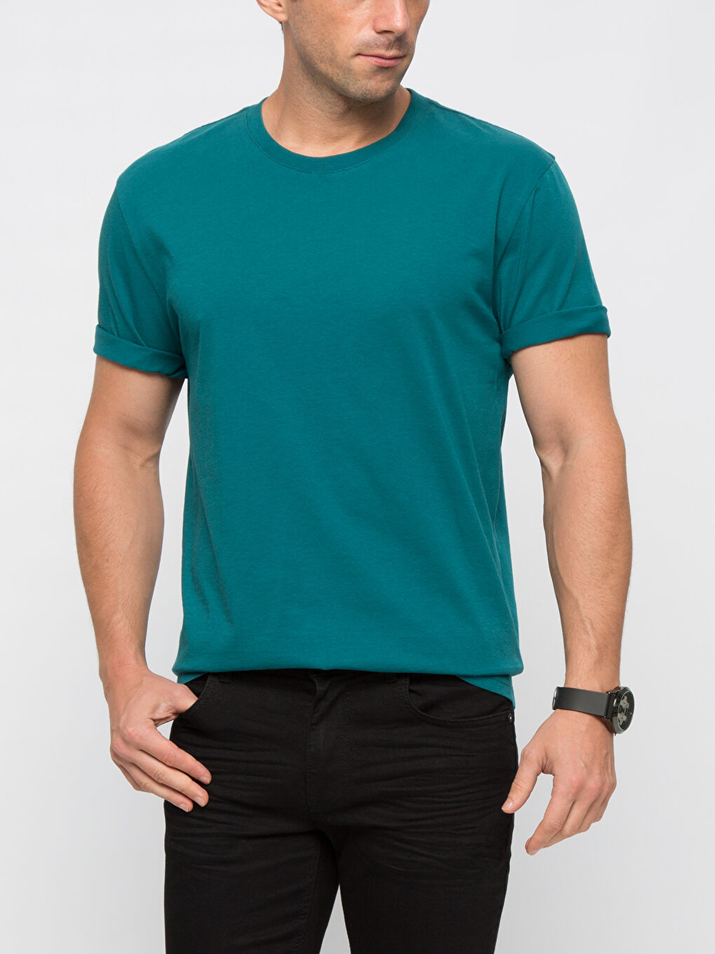 تيشيرت قطن كم قصير ياقة دائرية سادة