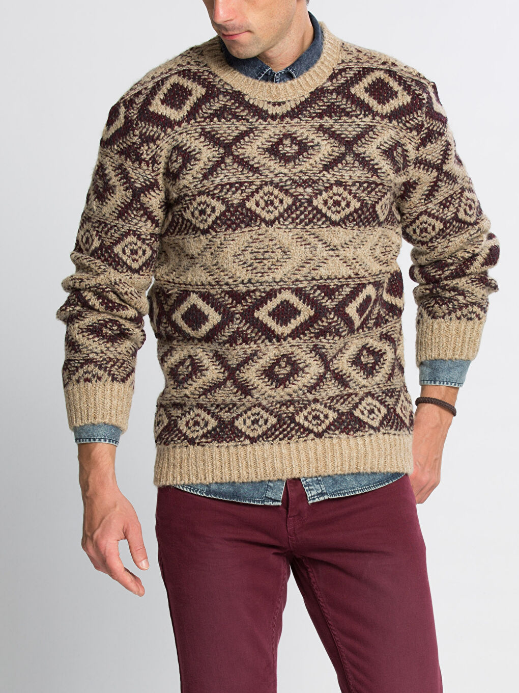 Bej Bisiklet Yaka Desenli Triko Kazak-1